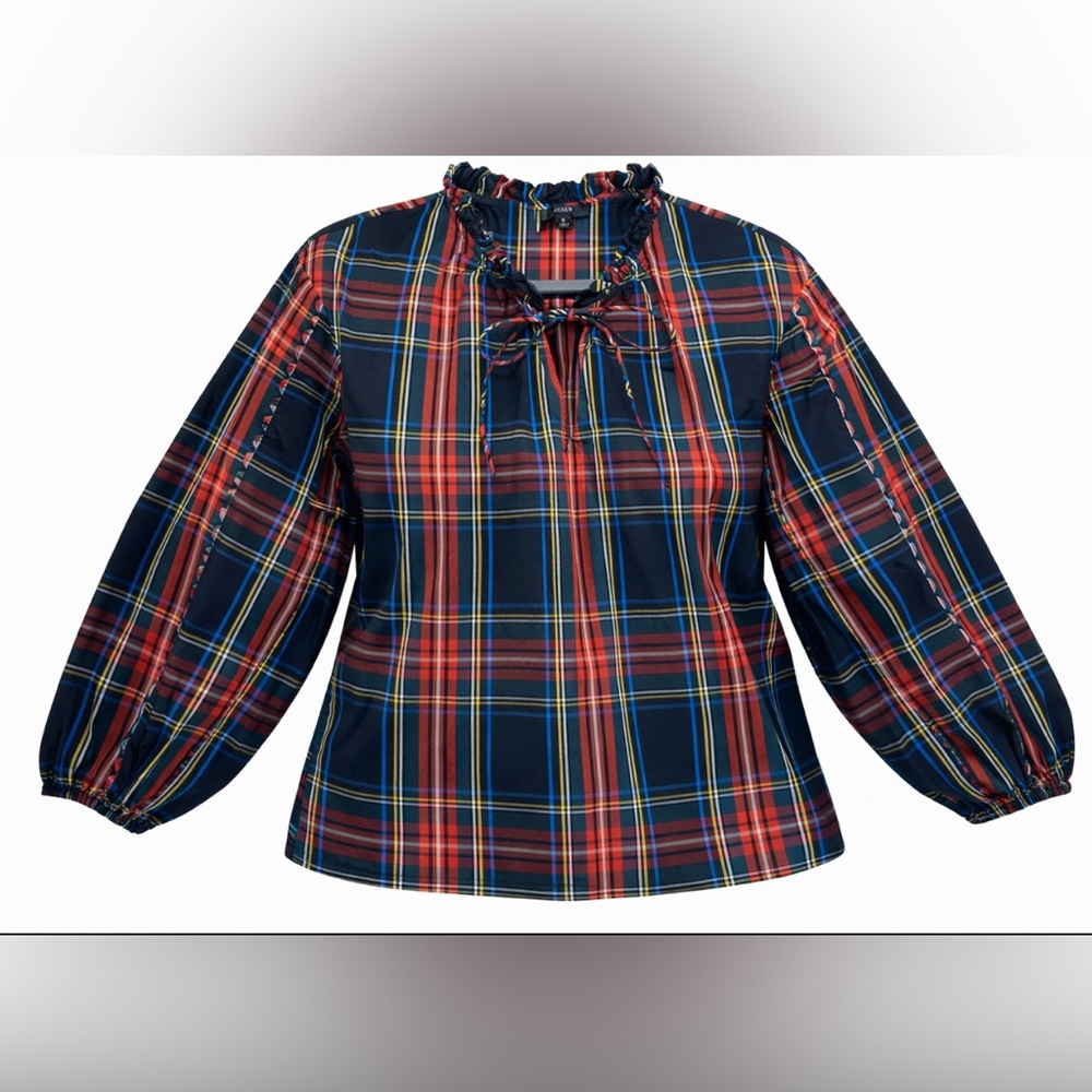 J.‎ Crew Scalloped Tie Neck Top in Stewart Tartan Plaid Size S Holiday Preppy